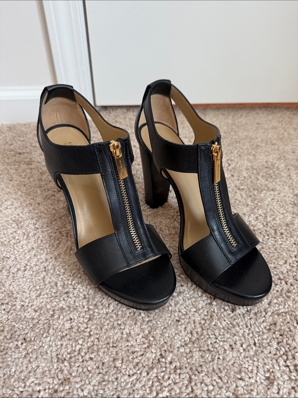 Michael Kors Black Leather Zip-Front Platform Slingback Heels